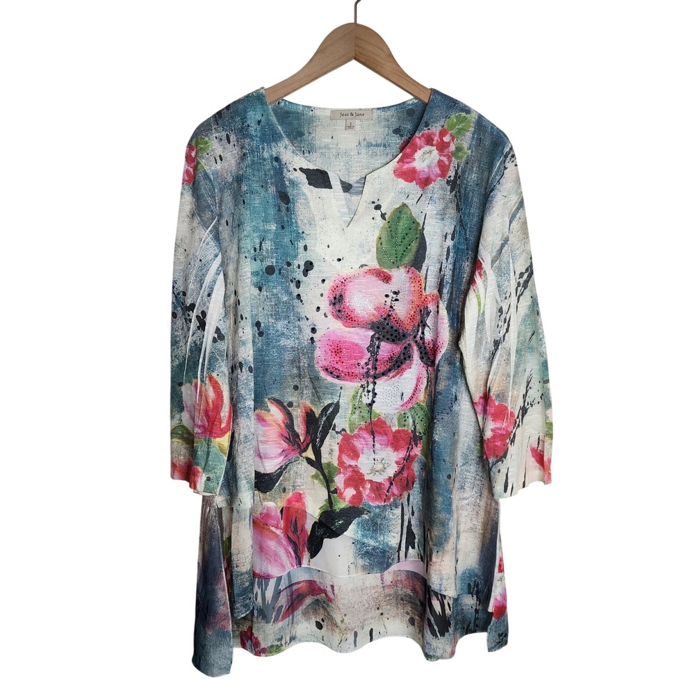 Jess & Jane Tunic Top Women Large Blue Pink Floral Rhinestone 3/4 Sleeve USA